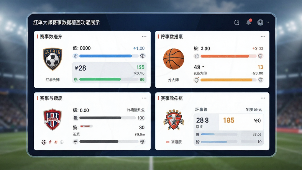 红单大师赛事数据覆盖功能展示,主体为一块虚拟数据面板,布局分为多个区域,分别展示足球、篮球等不同项目的赛事数据,排版整齐,风格为数据可视化,细节包括球队徽标、进度条和统计数字,画质清晰,干净,无多余元素。