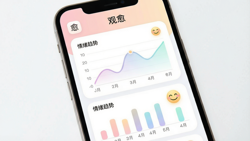 һ��չʾ�ֻ���Ļ��ͼƬ����Ļ����ʾ�š�������APP�������ռǽ��棬��������͵�������ɫϵΪ����������ͼ����״ͼ��Ц������ͼ�꣬ͼ���Ա�ע�š��������ơ�����������������Ϊ���½ṹ���Ű����࣬���Ϊ�ִ���Լ��ϸ�ڰ���ͼ���Ľ���ɫ�ʺ�Բ��ͼ�꣬���ʸ��壬�ɾ����޶���Ԫ�ء�