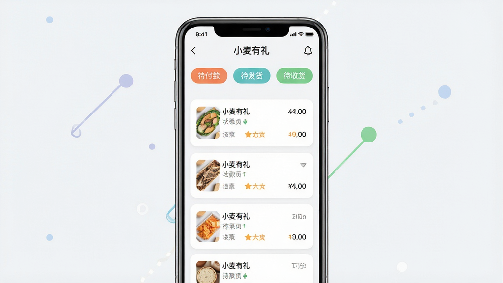 一张手机应用订单管理页面的示意图,画面主体为一部智能手机,屏幕显示