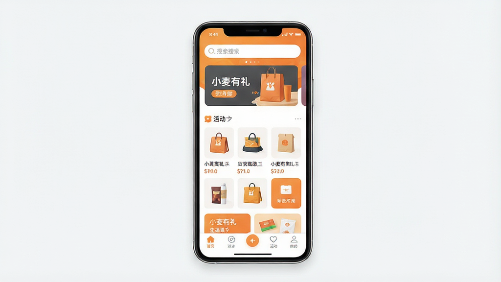 一张手机应用界面展示图,画面中央是一部现代智能手机,屏幕上显示着一款名为