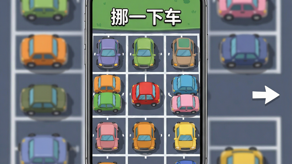 一张手机屏幕展示停车场解谜游戏画面,画面中央是多辆颜色各异的卡通小汽车停在网格状停车场中,其中一辆红色小汽车被其他车辆挡住去路,画面顶部显示“挪一下车”游戏名称,整体布局为竖版手机界面,风格为扁平化卡通风格,细节包括停车位标线、车辆阴影、出口指示箭头,画质清晰干净无多余元素