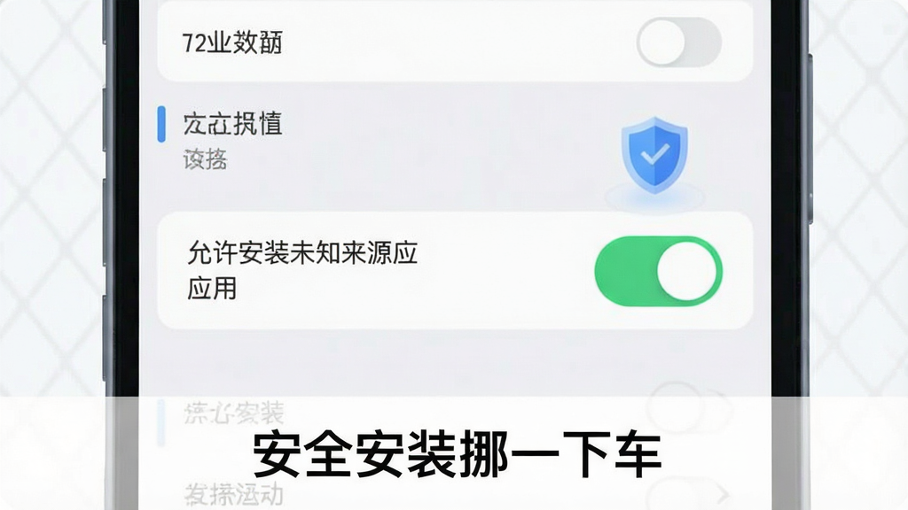 一张展示手机安全设置界面的示意图,画面中手机屏幕显示“允许安装未知来源应用”的开关按钮处于开启状态,旁边有盾牌安全图标,画面下方用文字标注“安全安装挪一下车”,整体布局为竖版手机界面特写,风格为扁平化科技风格,细节包括设置菜单列表、开关按钮高亮,画质清晰干净无多余元素