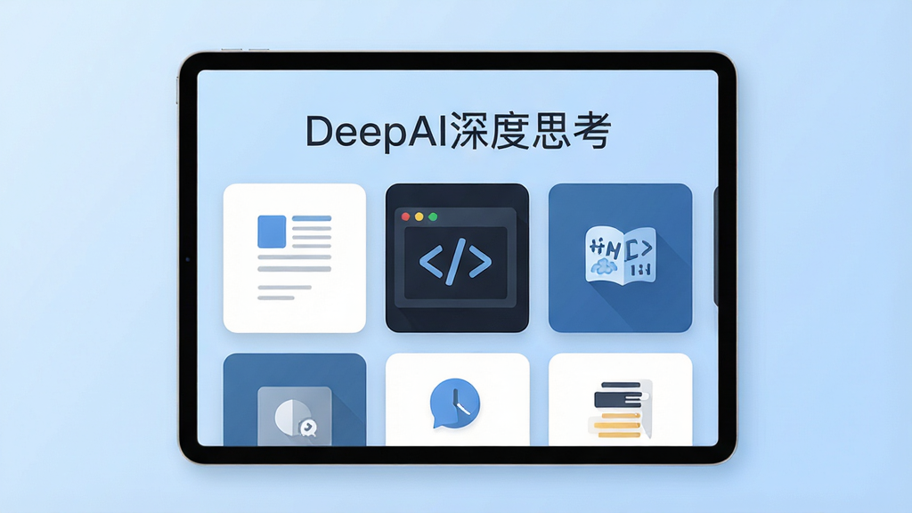 һ��չʾDeepAI���˼���������ɹ��ܵ�ͼƬ������������ƽ�������Ļ����Ļ����ʾ�������ģ�忨Ƭ���������¡����롢�����ͼ�꣬�����С�DeepAI���˼�������֣�����Ϊǳ��ɫ���䣬����Լ���񣬲������룬ϸ�����������ʸ��壬�ɾ��޶���Ԫ��