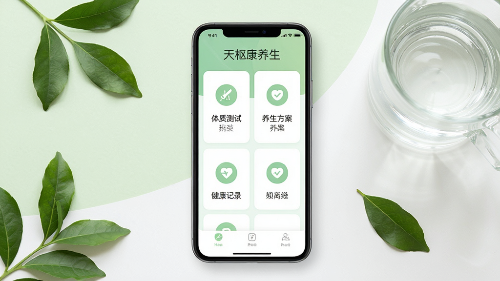 一张手机屏幕展示健康养生类App界面的图片,画面中央放置一部智能手机,手机屏幕显示“天枢康养生”应用主页面,页面包含体质测试、养生方案、健康记录等模块图标,背景为淡雅的浅绿色与白色搭配,风格清新简约,细节上手机周围散落几片绿叶和一杯温水,画质清晰,干净整洁,无多余元素