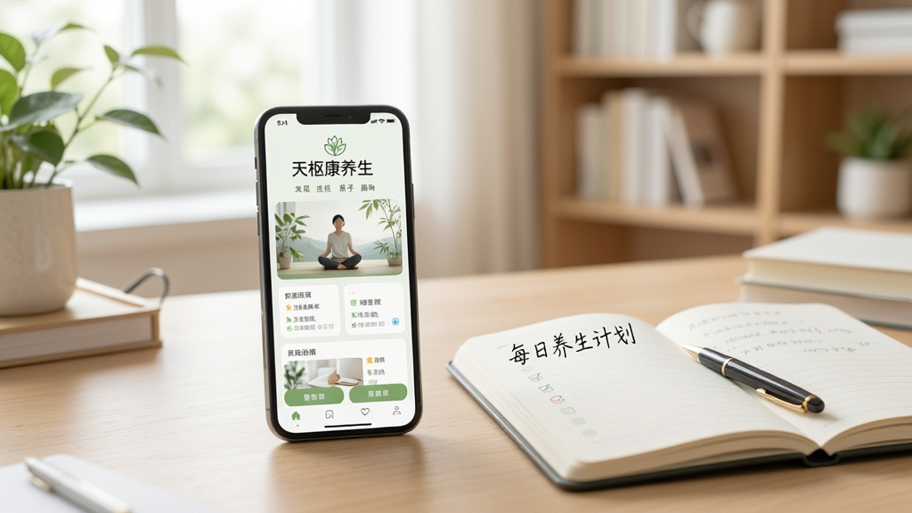一张展示“天枢康养生”新手使用场景的图片,画面为一部手机放在桌面上,屏幕显示软件首页,旁边有一本打开的笔记本和一支笔,笔记本上写着“每日养生计划”,背景为明亮的书房环境,风格清新自然,细节清晰,画质干净,无多余元素