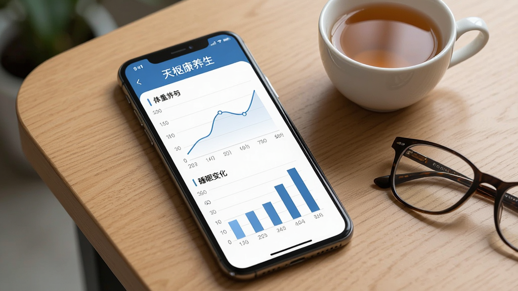 一张展示“天枢康养生”健康数据记录功能的图片,画面为手机屏幕显示数据图表界面,有折线图和柱状图展示体重与睡眠变化,手机放在木质桌面上,旁边有一杯茶和一副眼镜,风格简约商务,细节丰富,画质清晰,干净无多余元素