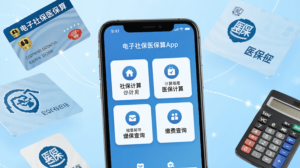 һ��չʾ�����籣ҽ�����ֻ�Ӧ�ý����ͼƬ������������һ�������ֻ�����Ļ����ʾ�����籣ҽ����App�������棬�����籣���㡢ҽ�����㡢�ɷѲ�ѯ�ȹ���ģ��ͼ�꣬����Ϊǳ��ɫ���䣬��Χ�����籣����ҽ����־����������Ԫ�أ����岼�ּ������������ִ��Ƽ��У�ϸ�ھ��£����ʸ��壬�ɾ��޶���Ԫ��