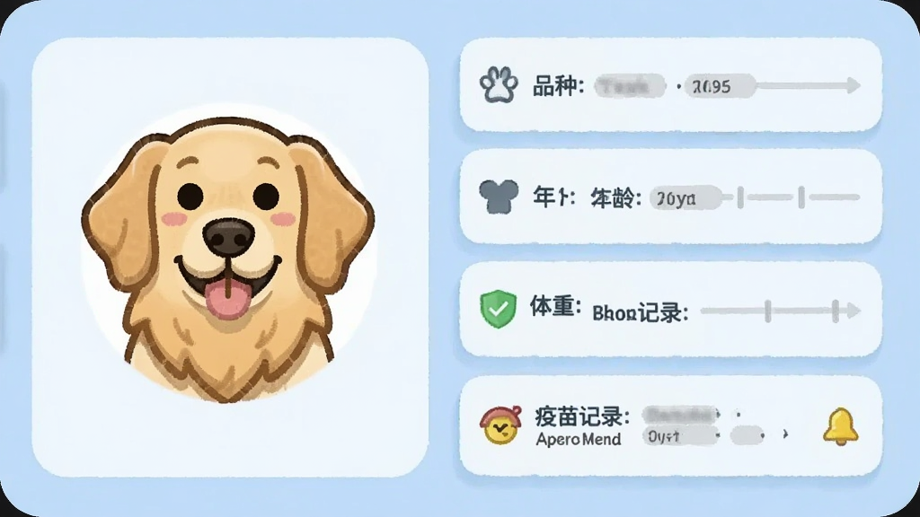 画面中央是一个卡通风格的宠物电子档案界面,左侧是一只金毛犬的可爱头像,右侧排列着品种、年龄、体重、疫苗记录等信息卡片,卡片采用圆角设计,背景为柔和的浅蓝色,布局左右分栏,风格为扁平化UI插画,细节上突出时间轴和提醒图标,画质清晰,干净整洁,无多余元素。