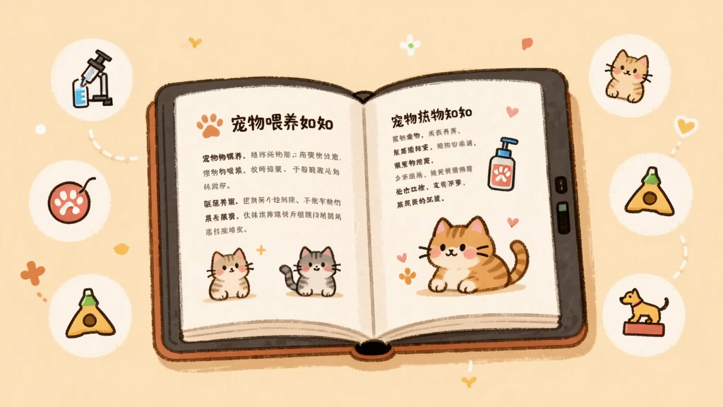 画面中央是一本打开的电子书,书页上显示宠物喂养知识和卡通猫咪插图,书本周围漂浮着疫苗、驱虫、训练等小图标,背景为温暖的米黄色,布局为书本居中、图标环绕,风格为手绘插画风,细节上突出图文并茂的排版,画质清晰,干净整洁,无多余元素。
