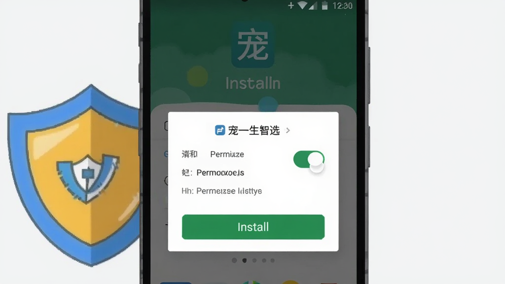 画面中央是一部安卓手机,屏幕上显示宠一生智选的应用安装界面和权限设置弹窗,手机旁边有一个卡通盾牌图标代表安全防护,背景为浅灰色,布局为手机居中、盾牌在侧,风格为扁平化科技插画,细节上突出权限开关和安装按钮,画质清晰,干净整洁,无多余元素。