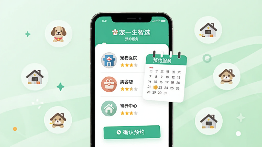 画面中央是一部手机展示宠一生智选的预约服务页面,页面上有宠物医院、美容店、寄养中心的图标列表,旁边有一个日历和确认预约按钮,背景是淡绿色渐变,布局为手机居中、图标环绕,风格为现代扁平插画,细节上突出预约码和评价星级,画质清晰,干净整洁,无多余元素。