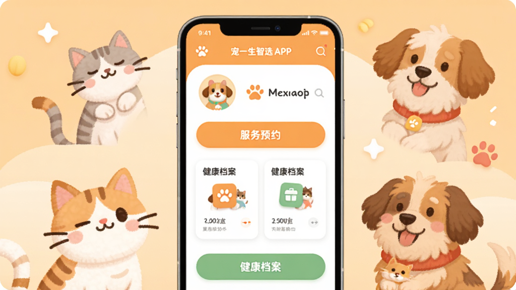 画面中央是一部智能手机,屏幕上显示着宠一生智选APP的首页界面,界面中包含宠物头像、服务预约按钮、健康档案卡片等元素,手机周围环绕着可爱的猫咪和狗狗插画,背景是温暖的浅橙色渐变,布局采用居中构图,风格为扁平化卡通插画,细节上突出宠物图标和功能按钮的圆润感,画质清晰明亮,干净整洁,无多余元素。