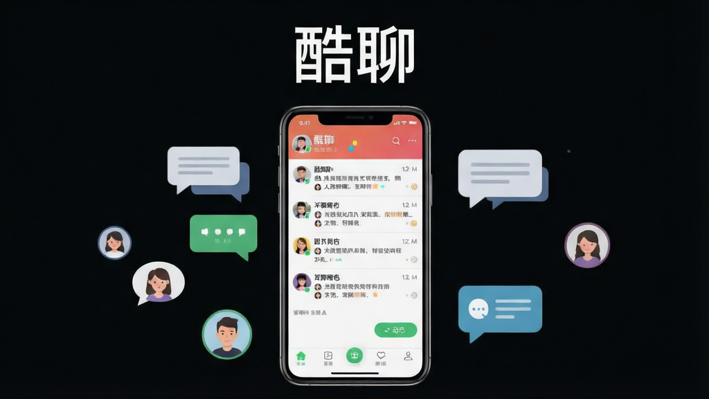一张展示酷聊社交软件核心界面的场景图,画面中央放置一部智能手机,手机屏幕上显示酷聊的聊天列表与底部导航栏,四周环绕简洁的聊天气泡图标和好友头像元素,整体布局采用居中构图,上方留白区域放置“酷聊”文字标识,风格为现代扁平化UI风格,细节上突出消息列表、群聊入口、动态按钮等模块,画质清晰,干净,无多余元素