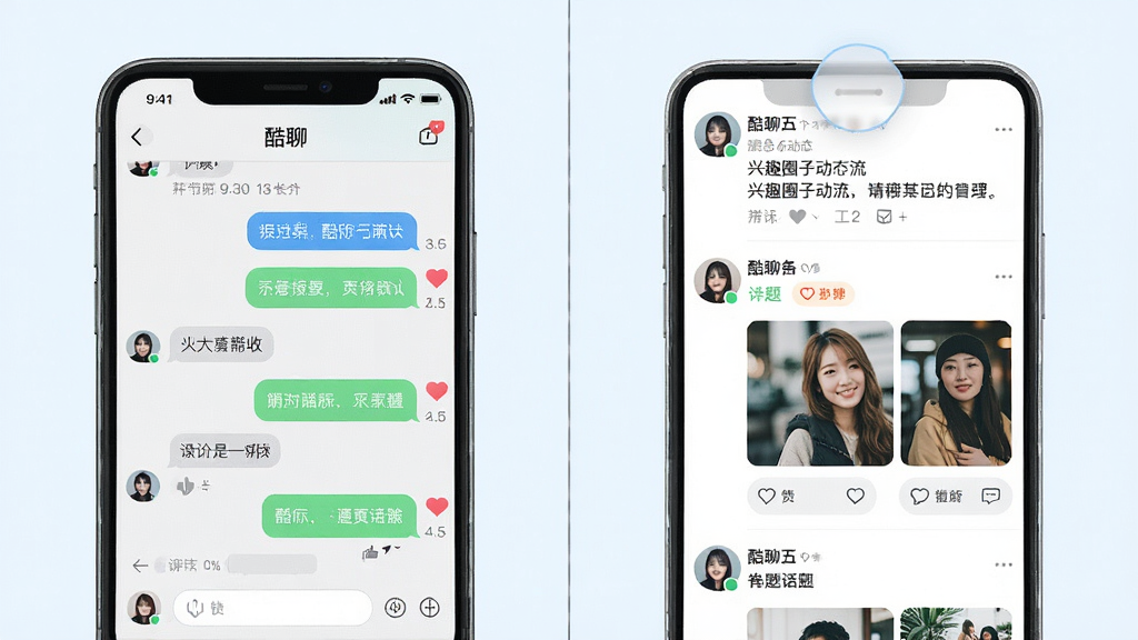 一款名为“酷聊”的手机社交应用功能展示图,画面采用左右分栏布局,左侧展示即时聊天界面,右侧展示兴趣圈子动态流,中间用一条细线分隔,整体风格为清新浅色系UI设计,细节包括聊天气泡、点赞图标、话题标签、用户头像等元素,画质清晰,干净,无多余元素