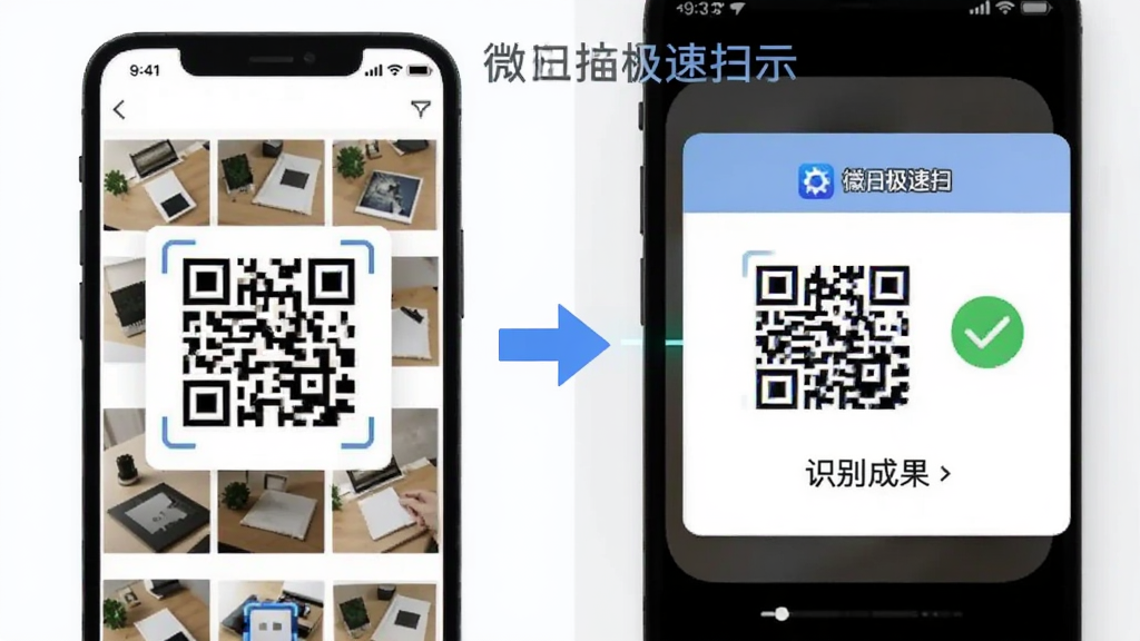 ΢��ά�뼫��ɨ��������չʾͼ���������Ϊ�ֻ��������ͼ���棬�Ҳ�Ϊɨ��ʶ�����������м��ü�ͷ���ӱ�ʾ��ͼƬ��ʶ������̣���Ļ����ʾ΢��ά�뼫��ɨ���ֱ�ʶ���������ҷ����Ա�չʾ������ƽ����ƣ�ϸ�ڰ�����ά��ͼ����ʶ��ɹ��Թ�ͼ�꣬���������ɾ��޶���װ��