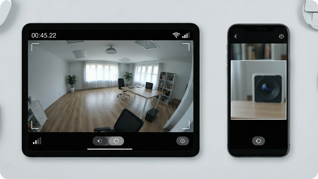 Camera Monitor Զ�̻���鿴����չʾ������Ϊƽ��������ֻ����Űڷţ�ƽ������ʾ��Ǽ�ػ��棬�ֻ�����ʾͬһ���������ϸ�ڣ�����Ϊ���ҶԱ�ʽ�Ű棬���Ϊ��ˬǳɫ�Ƽ��磬ϸ�ڰ�����������ʵʱʱ������ź�ǿ��Сͼ�ꡢ�ײ����л���ͷ��ť�����ʸɾ�����������Ϊǳ��ɫ���棬�޶���װ��Ԫ�ء�