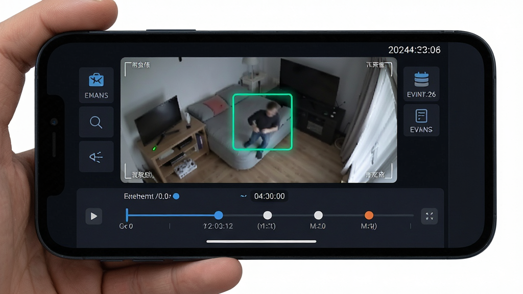 Camera Monitor �ƶ���⹦��չʾ������Ϊ�ֻ���Ļ��ʾһ�δ���ʱ�����¼��طŽ��棬��������һ�����������ǳ��ƶ����壬����Ϊ���½ṹ���Ϸ�����Ƶ���棬�·���ʱ�������¼���ǵ㣬���Ϊ��ɫרҵ��ؽ��棬ϸ�ڰ��������ȵ��ڻ��顢�¼��б�ͼ�ꡢ������������ˮӡ�����������ɾ����޶���װ�Ρ�