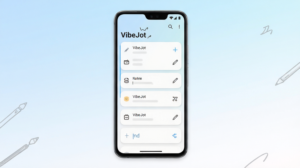 VibeJot ��¼��Ӧ�ý���չʾ������Ϊһ��������׿�ֻ�����Ļ����ʾ����ǳɫ�ʼ��б�������򣬲��־��У��Ϸ�Ϊ�������ơ�VibeJot��������Ϊ��ͽ���ǳ������ɫ��������¼�Լ��ϸ�ڰ���Բ�ǿ�Ƭ��ϸСͼ������д�ʴ�װ�Σ����������ɾ����޶���Ԫ��