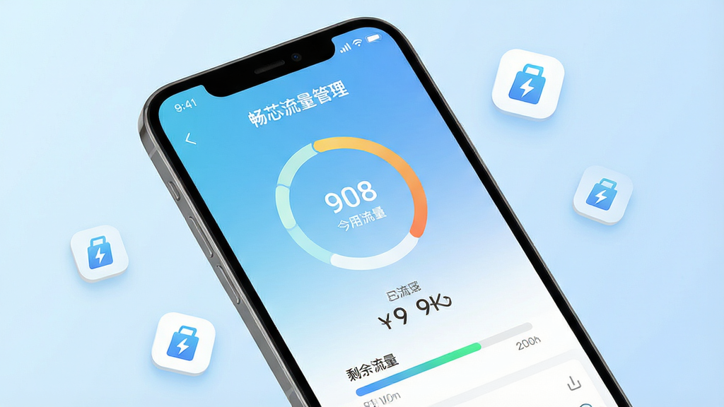 一张展示智能手机屏幕的图片,屏幕中央显示“畅芯流量管理”软件主界面,界面包含环形流量统计图表、今日已用流量数字、剩余流量进度条,背景为浅蓝色渐变,手机周围有简约的流量图标飘浮,整体风格清爽干净,画质高清,无多余元素