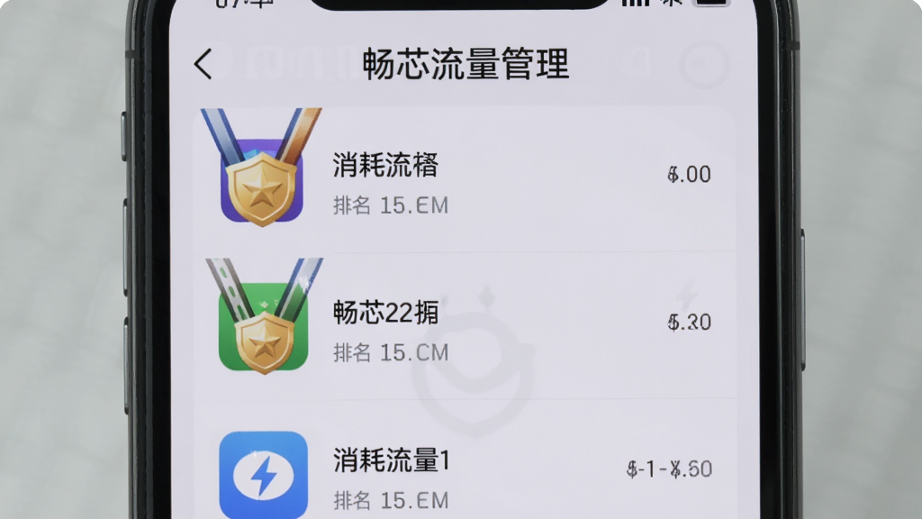 手机屏幕展示“畅芯流量管理”的应用流量排行列表,列表中每个应用图标旁标注了消耗流量数值和排名,前三名有金银铜牌标识,背景为浅灰色,界面排版整齐,画质清晰,无多余元素