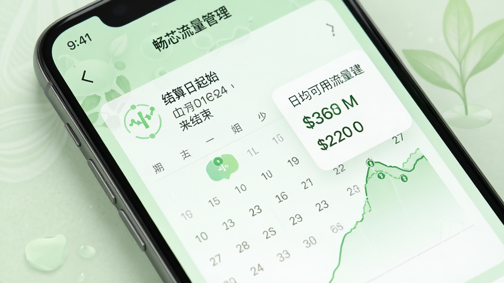 手机界面显示“畅芯流量管理”的套餐设置页面,日历上标注了结算日起始与结束日期,旁边有日均可用流量建议数值,背景为淡绿色,风格清新自然,画质高清,干净无多余元素