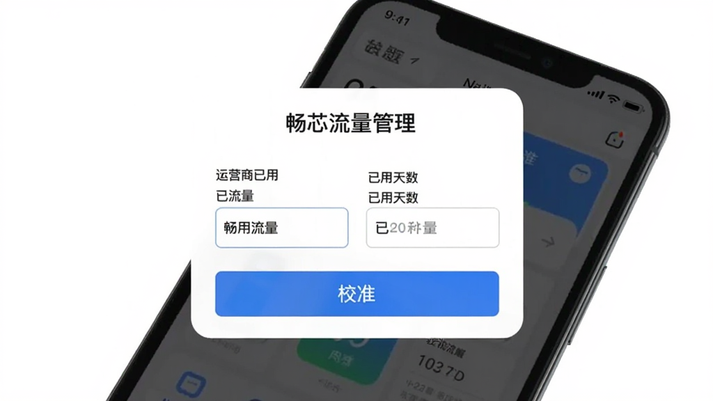 手机屏幕展示“畅芯流量管理”的数据校准弹窗,弹窗内有两个输入框分别填写运营商已用流量和已用天数,下方有蓝色校准按钮,背景为白色简约风格,画质清晰,无多余元素