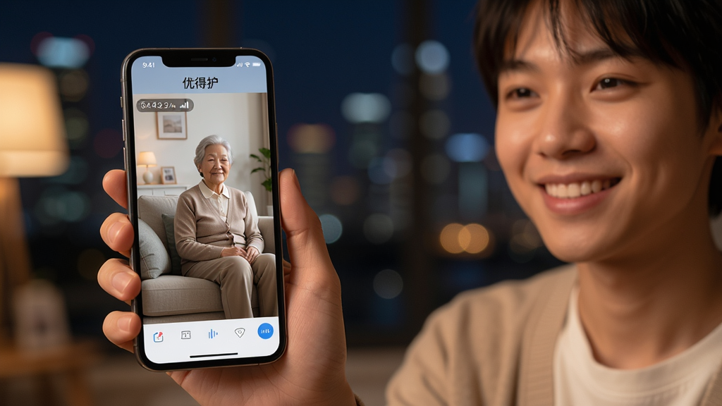 ����������һλ�����������ֻ�΢Ц���ֻ���Ļ����ʾ���ŵû�APP��ʵʱ��Ƶ���棬������һλ�����ڿ����ﰲȻ���š����ֲ���ǰ�󾰹�ͼ��ǰ���������˵��ֺ��ֻ����������黯�ĳ���ҹ�����Ű�ͻ���ֻ���Ļ���ݣ����дʵ��ů��ϸ�����ֻ���Ļ��������ʱ������ź�ͼ�ꡣ���ʸ��壬�ɾ����޶���Ԫ�ء�