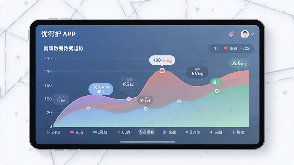 ����������һ�ż���ͼ�����棬չʾ���ŵû�APP�еĽ�����������ͼ������Ѫѹ�����ʵ����ߡ����ֲ��ñ�ƽ����ƣ�ͼ��ռ�ݻ������ġ��Ű��������ˣ�����ִ�����ϸ����ͼ������͵Ľ���ɫ�ʣ��Ա������ݱ�ǩ�����ʸ��壬�ɾ����޶���Ԫ�ء�
