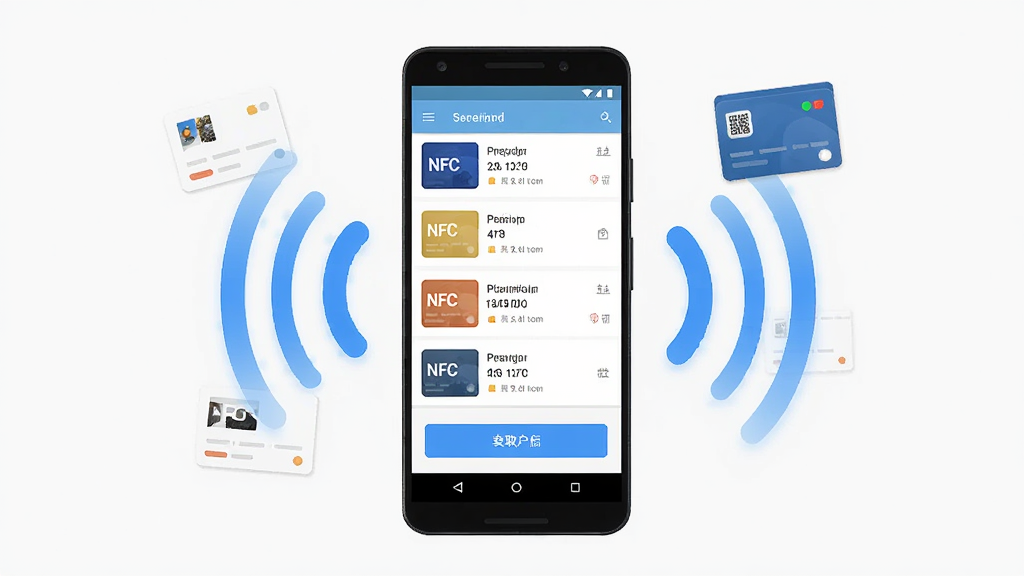 �ֻ�NFC��ȡ����������չʾͼ������Ϊһ����׿�ֻ���Ļ��ʾNFC��ȡӦ�ý��棬����Ϊ���з����ֻ�����Ļ��չʾ��Ƭ��Ϣ�б����ȡ��ť���Ű���ˬ�����Ϊ�Ƽ���Լ�磬ϸ�ڰ����ֻ���Χ����NFC�źŲ���ͼ�ꡢ��Ƭͼ��Ԫ�أ����ʸ��壬�ɾ����޶���Ԫ��