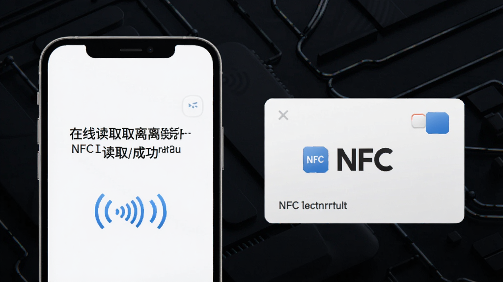 �ֻ�NFC��ȡ���߶�ȡ����ʾ��ͼ������Ϊ�ֻ��������绷���¶�ȡNFC��Ƭ������Ϊ����ֻ��Ҳ࿨Ƭ���Ű��࣬���Ϊ����Ƽ��磬ϸ�ڰ����ֻ���Ļ��ʾ���߶�ȡ�ɹ�������NFC�ź�ͼ�꣬����Ϊ��ɫ�Ƽ����������ʸ��壬�ɾ����޶���Ԫ��