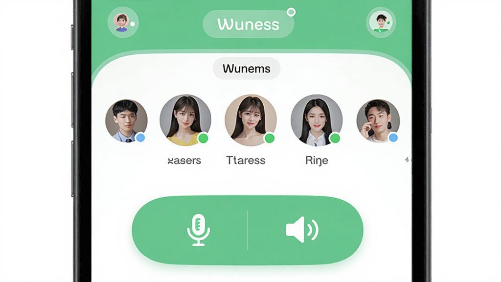 主体是 Wuness 语音通话与群组界面,布局为手机屏幕内显示群组成员头像排列与通话按钮,排版突出麦克风与扬声器图标,风格为柔和圆角设计,细节包括在线状态绿点、群名称标签,画质高清干净无多余元素