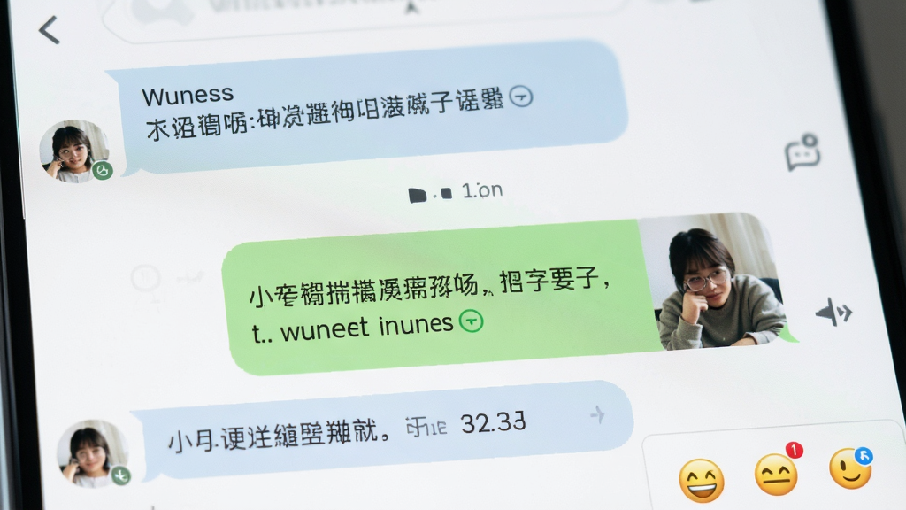 主体是 Wuness 聊天界面特写,布局为对话气泡左右分布,排版展示文字消息与图片消息混合,风格为清新浅色系,细节包括时间戳、已读标记、表情面板,画质高清干净无多余元素
