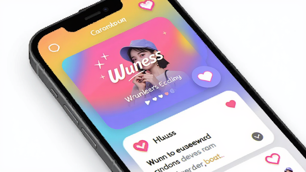 主体是 Wuness 个性化主题与动态发布界面,布局为手机屏幕内显示主题预览与动态卡片,排版错落有致,风格为活泼多彩风格,细节包括渐变背景、圆角卡片、点赞爱心图标,画质高清干净无多余元素