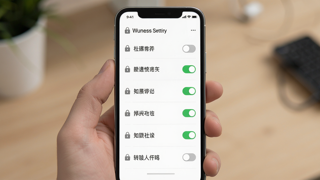 主体是 Wuness 隐私设置页面,布局为手机屏幕内显示多个开关选项列表,排版整齐纵向排列,风格为极简商务风,细节包括锁形图标、绿色开启状态、灰色关闭状态,画质高清干净无多余元素