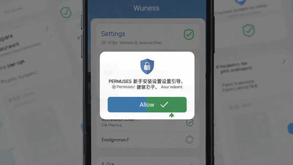 主体是 Wuness 新手安装设置引导界面,布局为手机屏幕内显示权限请求弹窗与设置选项,排版突出允许按钮与安全提示文字,风格为扁平化设计,细节包括盾牌图标、绿色对勾、提示文案,画质高清干净无多余元素