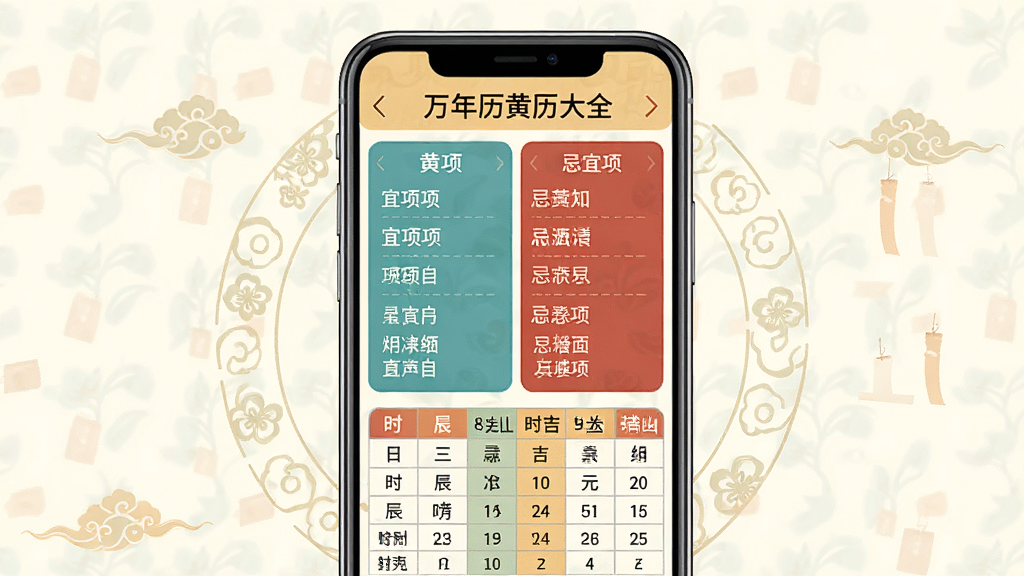 一幅展示黄历宜忌功能的图片,画面中心是一部手机,屏幕显示“万年历黄历大全”的宜忌页面,左侧列出宜事项,右侧列出忌事项,下方有时辰吉凶表格,手机周围有淡淡的传统纹样装饰,风格简洁明快,布局清晰,画质干净,无多余元素
