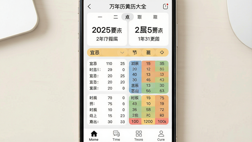 一张展示手机日历应用界面的图片,画面中央是一部竖直摆放的智能手机,屏幕显示“万年历黄历大全”主界面,上方显示公历日期与农历日期,中部有宜忌列表和时辰吉凶信息,底部有功能导航栏,背景为干净浅色桌面,整体风格清新简约,细节清晰,画质干净,无多余元素
