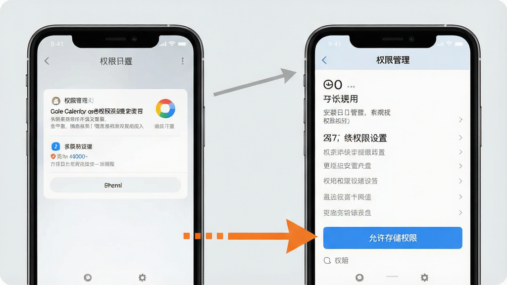 一幅展示手机日历应用安装与权限设置的示意图,画面中一部手机屏幕显示权限管理页面,旁边有箭头指向“允许存储权限”按钮,背景为简洁的浅灰色,整体风格说明性强,布局清晰,画质干净,无多余元素