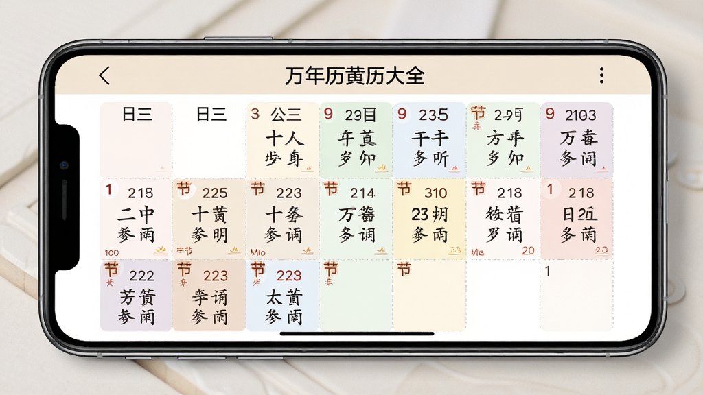一幅展示月历与年历切换功能的图片,画面中一部手机横屏放置,屏幕显示“万年历黄历大全”的月历视图,每个日期格内上方为公历数字,下方为农历文字,部分日期有节气标注,整体色彩柔和,排版整齐,画质干净,无多余元素