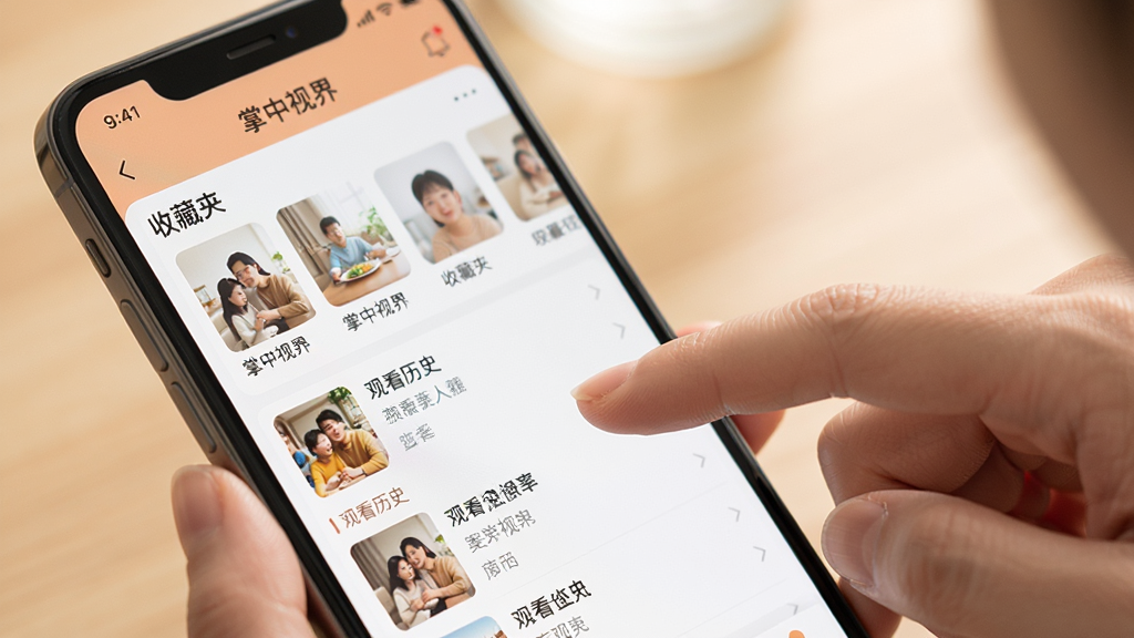 һ���û�����ʹ�á������ӽ硱APP����Ļ����ʾ���ղؼк͹ۿ���ʷ�б�������ɫ����ͣ�����Ϊ�ֻ���д�����Ϊ��ܰ����磬ϸ�ڰ�����ָ�����Ļ�Ķ������������б������Ҫ����塢����ɾ����޶���Ԫ��