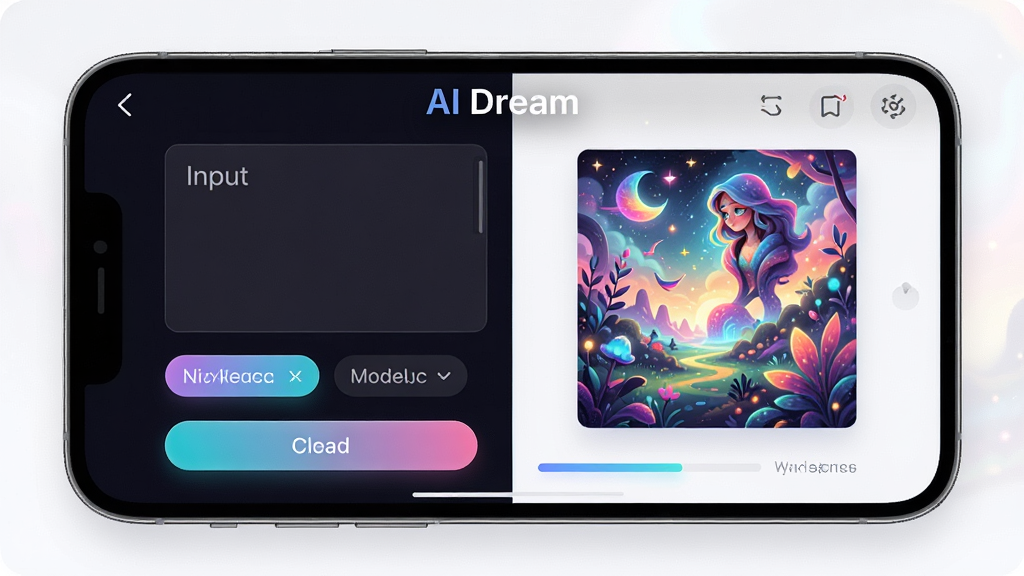 软件名称“AI Dream”主界面展示,主体为一部智能手机屏幕,屏幕中显示AI绘画生成界面,左侧是输入框,右侧是色彩丰富的梦幻风格插画作品,布局居中对称,排版清晰,风格为现代科技感UI设计,细节包括渐变按钮、模型选择标签、生成进度条,画面中需出现文字“AI Dream”,画质高清,干净,无多余元素