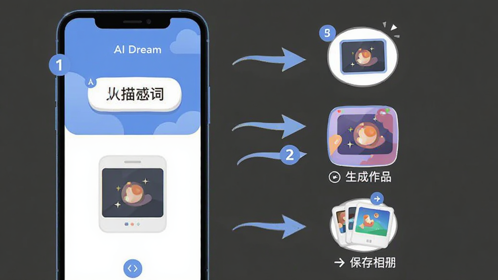 AI Dream新手操作步骤示意图,主体为手机屏幕,屏幕中显示从输入描述词到生成作品再到保存相册的四个步骤图标,布局为竖向排列,排版简洁,风格为扁平化插画,细节包括数字序号和箭头指示,画面中需出现文字“AI Dream”,画质高清,干净,无多余元素