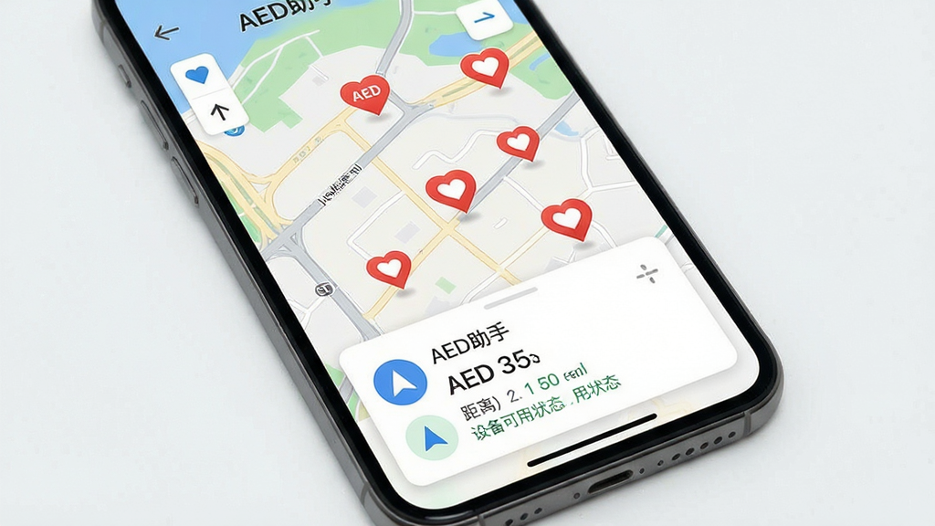 AED���ָ����豸��������չʾ������Ϊ�ֻ���Ļ��ʾ��ͼ���棬��ͼ�Ϸֲ������ɫ����AED��ǵ㣬�ײ������豸���鿨Ƭ������Ϊ�ƶ���Ӧ�ý��棬����Ϊ���½ṹ�����Ϊ���ʵ�÷磬ϸ�ڰ���������ͷ��������ֵ���豸����״̬���֣�����Ϊ���壬����ɾ��޶���Ԫ�أ����֡�AED���֡�