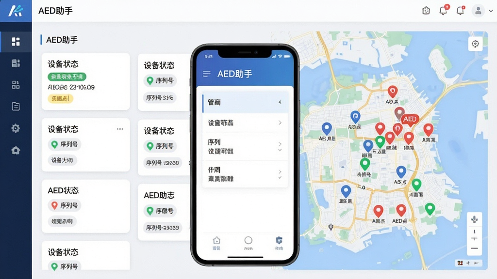 AED�����豸̨�˹������ܽ��棬�������Ϊ�豸�б���Ƭ���Ҳ�Ϊ���е�ͼ��ע���AED��λ������Ϊ�ֻ���Ļչʾ������̨������Ϊ���ҷ����Ű棬���Ϊ��ˬ����磬ϸ�ڰ����豸״̬��ǩ�����к����֡���ɫ��λͼ�꣬����Ϊ���壬����ɾ��޶���Ԫ�أ��������֡�AED���֡�