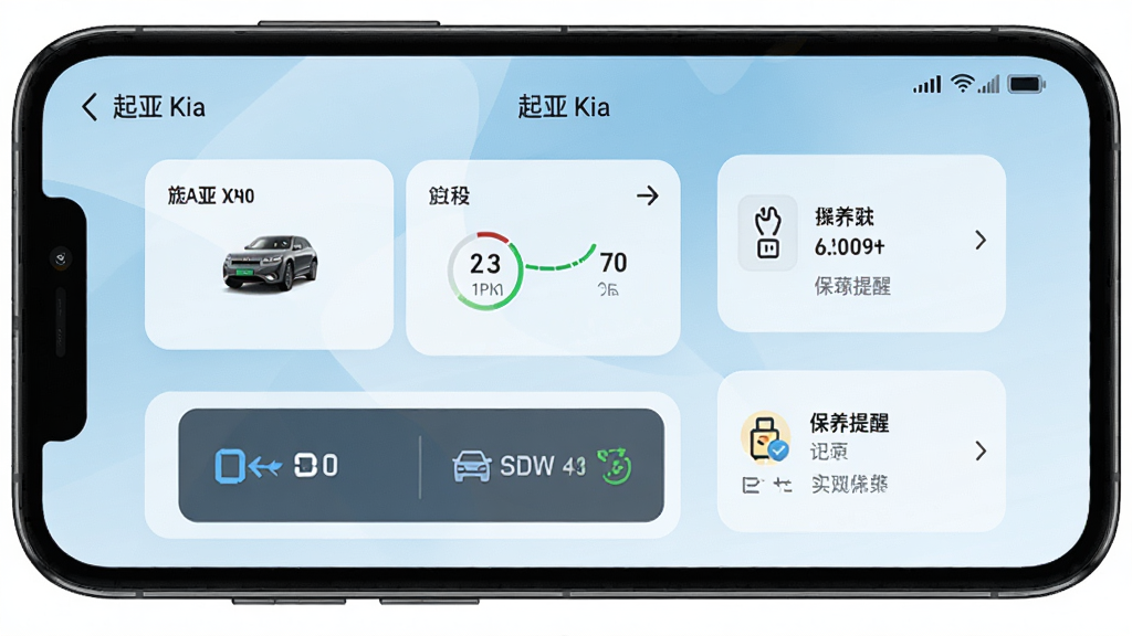 �ֻ���Ļ��ʾ���� Kia Ӧ�������棬��������״̬��Ƭ��Զ�̿��ư�ť������������ڣ�����Ϊǳ��ɫ���䣬��������������Լ�ִ���ϸ�����������ʸ��壬�ɾ��޶���Ԫ�أ������б�ע������ Kia��