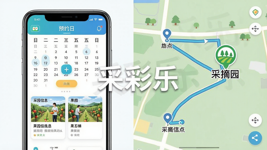 一张展示采彩乐APP在线预约与导航功能的界面截图,画面左侧是手机屏幕显示预约日历和果园信息卡片,右侧是地图导航路线图,地图上标注了起点和终点,终点有采摘园图标,画面中融入“采彩乐”文字水印,布局为左右分屏对比,风格简洁明快,细节包括按钮高光和地图路径线条,画质清晰,干净,无多余元素