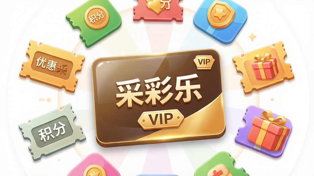 一张展示采彩乐APP会员权益页面的手机界面图,画面中央是会员卡片,卡片上有“采彩乐”字样和VIP标识,周围环绕优惠券、积分、礼物盒等图标,布局为圆形放射状,风格活泼亲和,细节包括卡片光泽和图标立体感,画质高清,干净,无多余元素