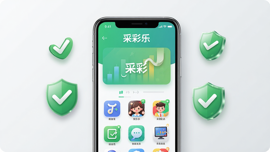 一张展示采彩乐APP在手机上运行流畅的示意图,画面中央是手机屏幕显示采彩乐首页,屏幕周围有绿色对勾和盾牌图标表示安全,背景是简洁的浅灰色,布局为居中构图,风格科技感与清新感结合,细节包括手机边框光泽和图标阴影,画质高清,干净,无多余元素