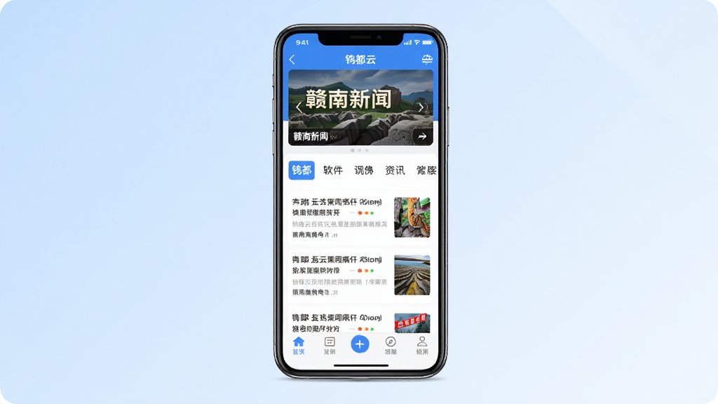 钨都云软件主界面全貌展示,画面中心是一部智能手机,屏幕显示钨都云APP首页资讯列表,顶部有赣南新闻轮播图,中部为分类导航栏,底部为功能菜单,背景为简洁的浅蓝色渐变,排版整齐,风格商务清新,细节清晰,画质高清干净,无多余元素