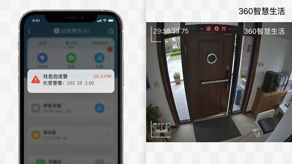 一张展示实时监控告警功能的场景图,画面左侧是手机弹出告警通知的界面,右侧是摄像头抓拍的门口画面,布局左右分栏,风格写实科技感,细节包含时间戳、告警文字、视频画面缩略图,画质清晰干净,无多余元素,图片中文字标注“360智慧生活”